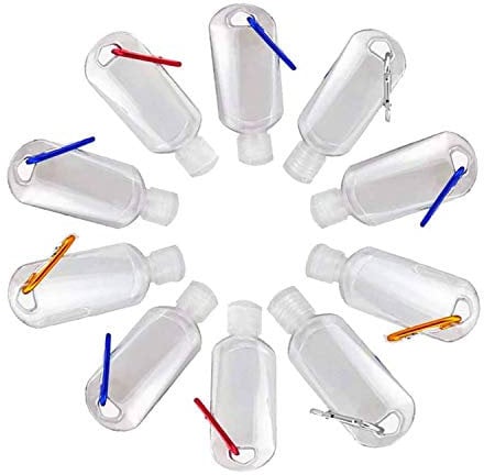 Refillable Plastic Bottles with Flip Top 50ml Travel Size Belt Clip Hook Carabiner Mini Liquid Gel Portable Dispenser Leakproof Container (Pack of 5)