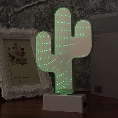 Uonlytech Kaktus Leuchtreklamen 3D Kreative Batteriebetriebene Doppelseitige Tunnellampe LED Spiegel Licht LED Nachtlicht Nachtlampe für Schlafzimmer Wohnzimmer Flur Urlaub Party Dekoration