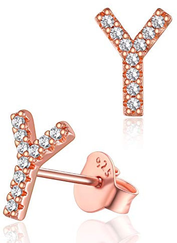 Clou d Oreille Argent 925 Lettre Y Zirconium Or Rose Femme Petit Boucles d'Oreilles Strass Fille Sterling Alphabet Mini Bijoux Cadeau Mariage Noel Valentin Copine