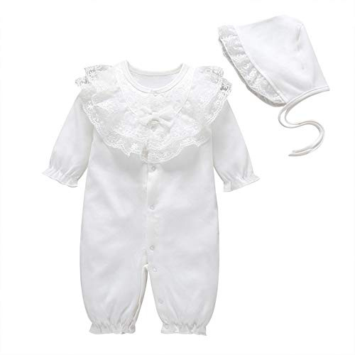 amropi Bambina Ragazze Cotone Pagliaccetto Manica Lunga Tutine Merletto Collare Jumpsuit + Ccappello 0-12 Mesi