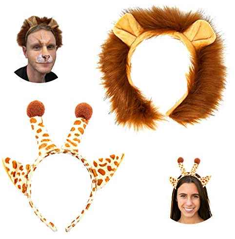 Oblique Unique® Haarreif Set - 1x Haarreifen Löwe mit Ohren und Mähne + 1x Haarreifen Giraffe mit Giraffenohren und Giraffenhörnern Fasching Karneval Party