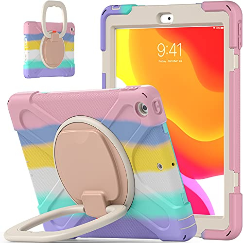 Bspring Hülle Kompatibel mit Neu iPad 10.2 2020/2019 (10.2 Zoll), [Heavy Duty] Stoßfest Rundumschutz Cover Schutzhülle, Kompatibel mit iPad 8. & 7. Generation,Regenbogen 2