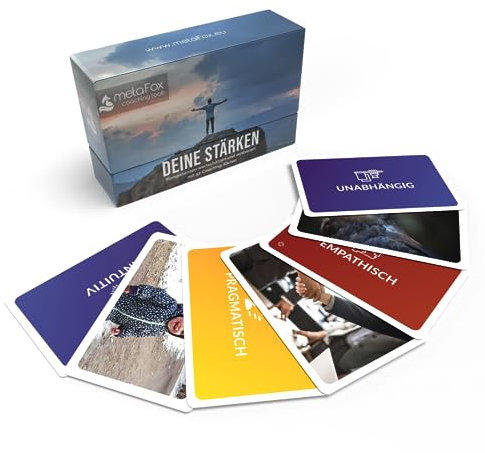 metaFox Deine Stärken | 52 Stärkenkarten für Coaching, Workshops & Teambuilding | Hochwertige Coachingkarten mit Stärken, Symbolen und Bildern, kompaktes Format und stabile Verarbeitung