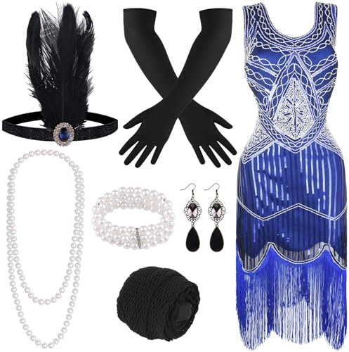 FEPITO Flapper-Kleider im Stil der 1920er Jahre für Damen, mit Fransen und Pailletten besetztes Great Gatsby-Kleid für Damen mit Accessoires im Stil der 20er Jahre(Blue,Medium)
