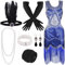 FEPITO Flapper-Kleider im Stil der 1920er Jahre für Damen, mit Fransen und Pailletten besetztes Great Gatsby-Kleid für Damen mit Accessoires im Stil der 20er Jahre（Blue，Medium）