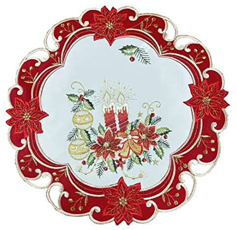 Tischläufer Tischdecke Mitteldecke Tischband Weihnachtsdecke Weihnachten gestickt Kerzen rot Weiss (40rund)