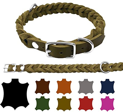 Hundehalsband Fettleder kleine Hunde/große Hunde verstellbar handgeflochten Made IN Germany (M 37cm-43cm Breite:25mm, Olivegrün)