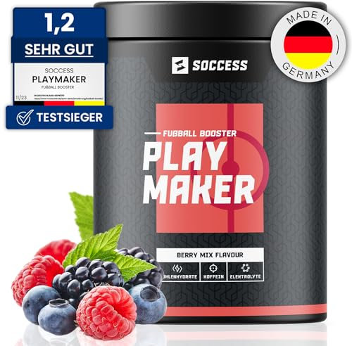 PLAYMAKER | Workout Booster speziell für Fußballer | Sport Drink mit Kohlenhydraten + Elektrolyten + Mineralien + Aminosäuren + Koffein | 20 Portionen | Berry-Mix