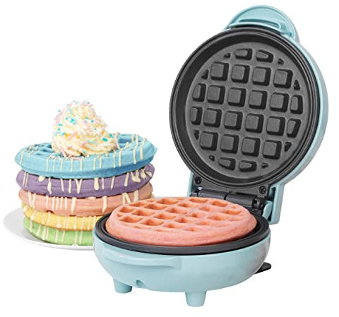 Giles & Posner EK4214GSBL Mini Waffle Maker – Non-Stick Waffle Iron Machine, for Belgian & American Style Waffles, Sweet/Savoury Snacks Desserts, Compact, 11.5 cm Round Cooking Plate, Pastel Blue