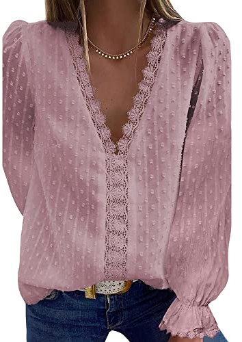 Bipily Chemisier Femme Dentelle Décontracté Col V Élégant Couleur Unie Vintage Manches Longues Casual Dentelle Blouse(Rose,S)