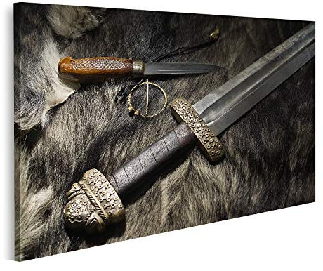 islandburner Bild auf Leinwand Wikinger Schwert und Messer auf einem Leder Bilder Drucke Kunst Poster Wandbild