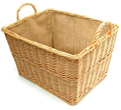 Jones & Grey Großer rechteckiger Korb aus natürlicher Weide, konisch, mit Griffen und Sackleinen-Einsatz, L 50 cm x B 40 cm x H 30 cm