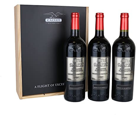 Calvet - Coffret cadeau de 3 bouteilles de vin rouge Grande Réserve, Bordeaux Supérieur en caisse bois (3 x 0.75 L)