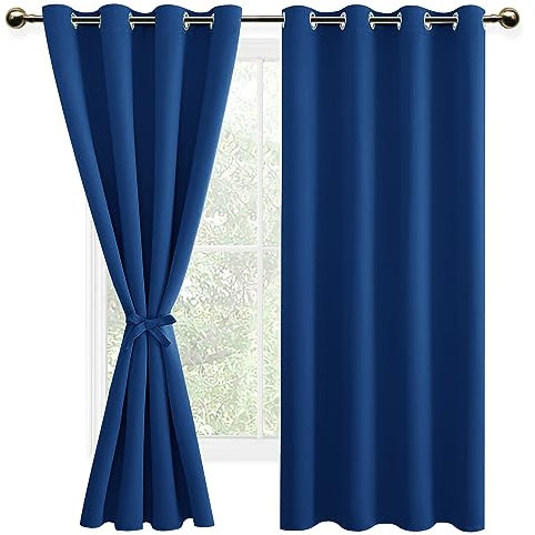 DWCN Vorhange Wohnzimmer Schlafzimmer Gardinen Blickdicht Vorhänge mit Ösen 2er Set, Verdunklungsvorhänge mit Vorhang-Krawatten, Königsblau, 160x132cm(HxB)