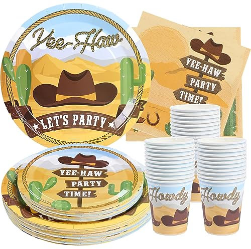 Western Birthday Party Supplies – (24 personnes) – Assiettes plates, assiettes à dessert, tasses, serviettes de table. Décorations de rodéo cowboy et cowgirl pour enfants, garçons, filles et plus