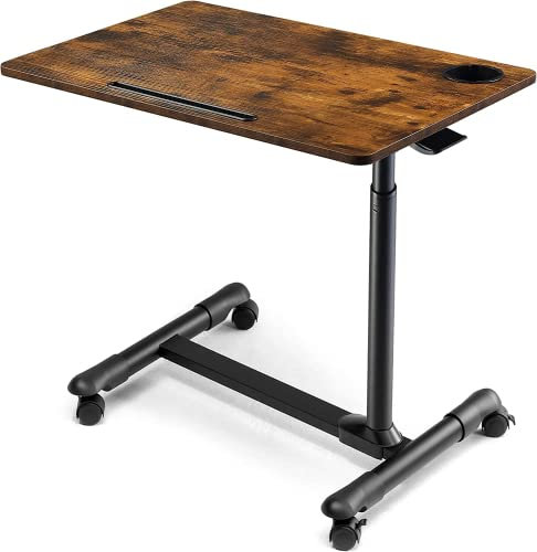 ETHU Höhenverstellbarer Beistelltisch mit 4 Rollen, Mobiler Stehpult & Laptoptisch, Überbett-Tisch für Pflegebett & Krankenhaus, Schreibtisch für Büro & Homeoffice (Walnuss)