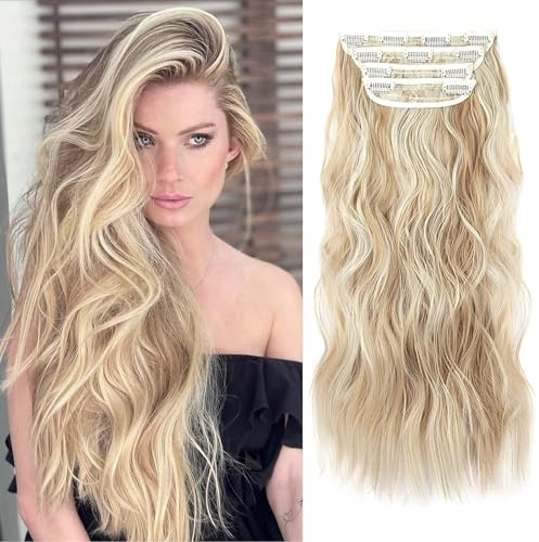 Blonde Hair Extensions Clip in, 20 Inches Curly Synthetic Clip in Hair Extension, Soft Wavy Hair Pieces for Women and Girls (Color:Dark Golden Mix Beige Blonde)