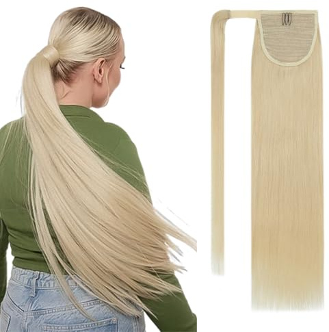 S-noilite Ponytail Extensions Echthaar Wrap Around - Pferdeschwanz Haarverlängerung Glatt 90g Zopf Echthaar Extensions 45cm #613 hellblond