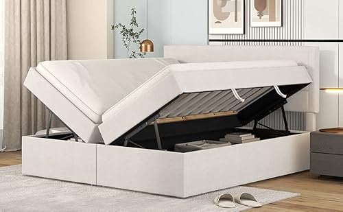 Azkoeesy Polsterbett Doppelbett mit Bettkasten 140 x 200 cm, Bett mit Stauraum, mit Kopfteil und Lattenrost, Jugendbett, Stauraumbett, Bezug aus Leinen, Beige