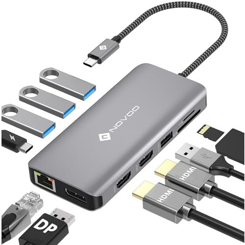 NOVOO Docking Station vers Double HDMI, 11-en-1 Hub USB C vers Dual HDMI, Displayport, USB x 4, Gigabit Ethernet, PD 100W, SD/TF, Station d'accueil pour MacBook HP Dell XPS Lenovo