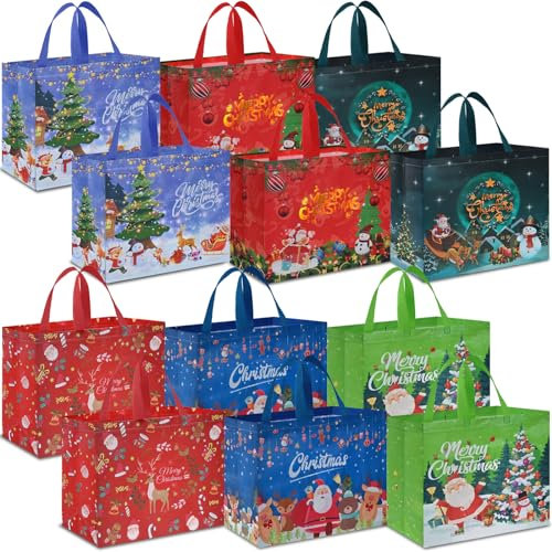 AhfuLife 12 Stück Geschenktüten Weihnachten Groß, 40 * 36 * 15CM, Non Woven Weihnachtstaschen Weihnachtstüten mit Griffen, Wiederverwendbare Weihnachtsgeschenktüten, Weihnachts Geschenktüten