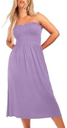 NetSetUK Women's Strapless Sheering Boob Tube Gather Oversized Plus Size Elasticated Bust Bandeau Plain Beach Summer Sleeveless Top Midi Dress for Ladies 8-22 Lilac