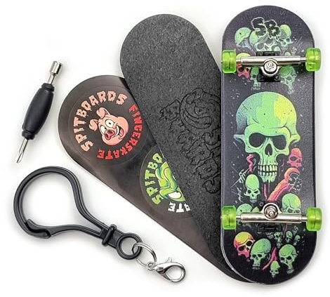SPITBOARDS 32 x 96 mm Fingerboard Complete Wood Set-Up Assembled, 5-Layers, Silver Trucks with Bushings and Nuts, CNC Bearing Wheels in Transparent-Green, Lasered Grip Tape Lime Green Skull & Bones