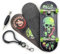 SPITBOARDS 32 x 96 mm Fingerboard Complete Wood Set-Up Assembled, 5-Layers, Silver Trucks with Bushings and Nuts, CNC Bearing Wheels in Transparent-Green, Lasered Grip Tape Lime Green Skull & Bones