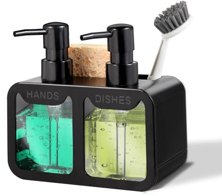 Ensemble Distributeur de Savon de Cuisine, Savon pour Les Mains et Liquide Vaisselle, Porte-éponge et Porte-Brosse 4 en 1 pour évier de Cuisine, Salle de Bain – Noir