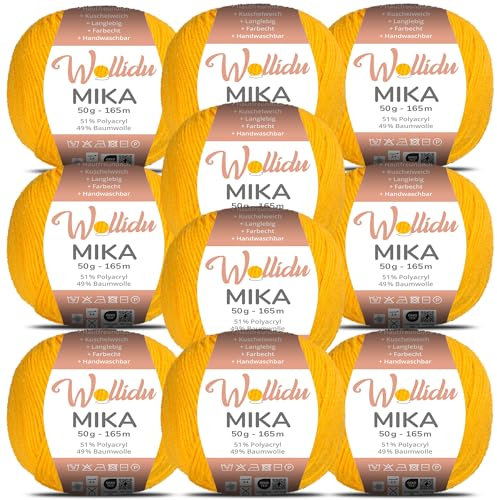 Wollidu Mika 51% Polyacryl 49% Baumwolle zum Häkeln und Stricken 10x 50g/165m Oeko-Tex Strickgarn Häkelgarn - Gelb