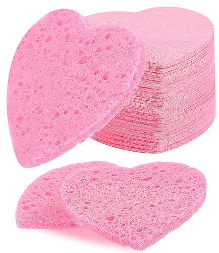 50 Stück Komprimierte Gesichtsschwämme für Reinigung und Peeling Natürlicher Make Up Sponge Wiederverwendbarer Herz Schwamm für Gesichtstiefenreinigung und Make-up Entferner (Rosa)