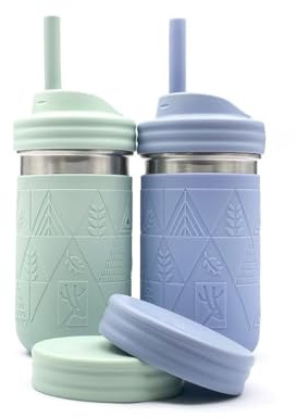 Elk and Friends Vasos De Acero Inoxidable De 14 Oz Con Diseño De Tarro Mason, Vasos Para Niños Y Bebés Con Fundas De Silicona Y Pajitas Con Tapón, Vasos Para Batidos, Aptos Para Lavavajillas.