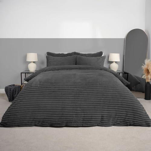 OHS Quilt Covers King Size Grey Thick Ribbed, Reverse Teddy Fleece Duvet Set Fluffy Bedding Ultra Soft Duvet Covers with Pillowcases Thermal Bedding