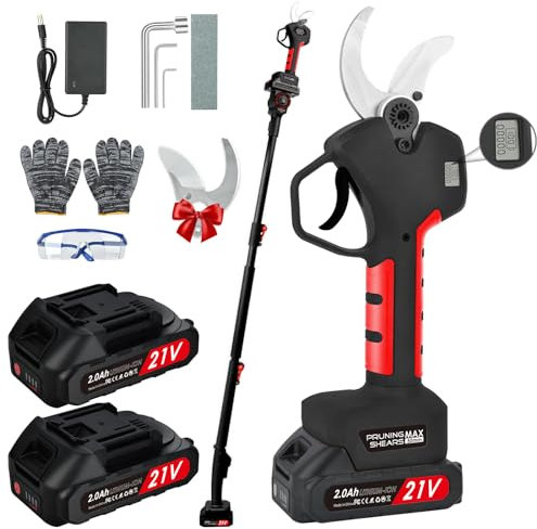 NUZEKY Forbice Potatura a Batteria 50mm con Asta Telescopica: Cesoie Potatura Elettriche Professionali Con 2 21V/2000 mAh Batteria - Forbice Elettrica per Potatura con LCD Display,Olives