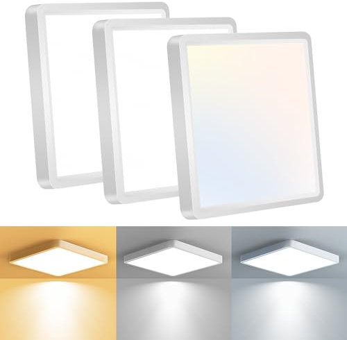 slochi 3 Stück 18CM LED Deckenleuchte, 3000K/4000K/6500K Deckenlampe 15W 1500LM, Wasserfest Flach Bad Lampe Decke, Ultra Dünn Eckig Lampen Deckenlampen Für Badezimmer Küche Flur Balkon