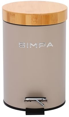 simpa 3L 3 Litre Matt Mushroom Slim Soft-Closing Pedal Dustbin with Bamboo Lid