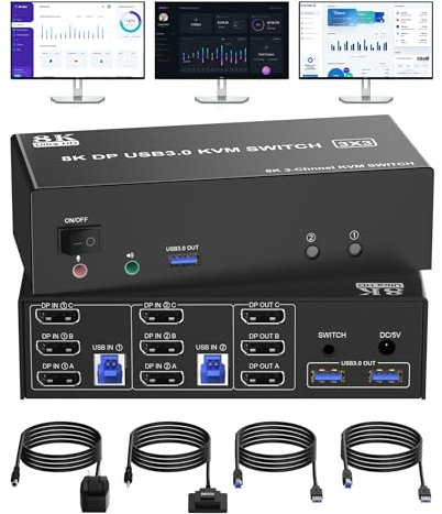 Displayport KVM Switch 2 ordenadores 3 monitores - 8K@60Hz 4K @120Hz Conmutadores KVM Tres monitores para 2 PC comparten 3 monitores y teclado ratón, con controlador de escritorio