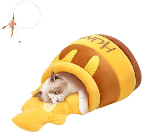 WIWIDANG Honey Jar Cat Bed for Cats, Honey Pot Soft Plush Cat Bed, Cute Pet Cat Bed Removable Cushion Cave Sleeping Bed (Style-1)