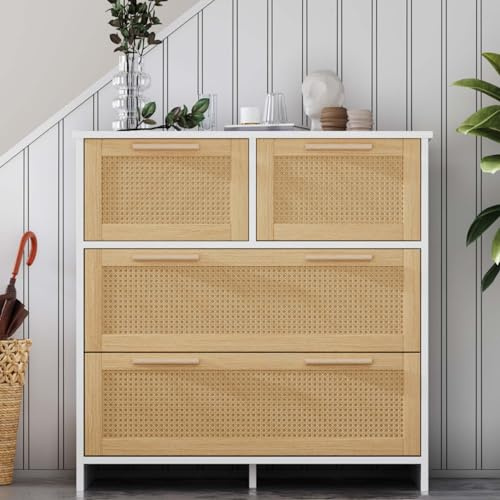 KOMHTOM Rattan Kommode Sideboard, Aufbewahrungsschrank mit Vier geräumigen Schubladen, Mehrzweckschrank für Wohnzimmer Schlafzimmer Esszimmer Flur (A, Natur + Weiß)