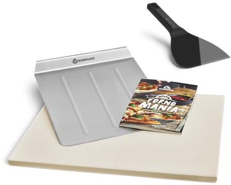 BURNHARD Pizzastein inkl. Pizzaschaufel & Teigspachtel, Für Gasgrill & Holzkohlegrill aus Cordierit und Edelstahl für Brot, Flammkuchen & Pizza, rechteckig - 45 x 35 x 1,5 cm