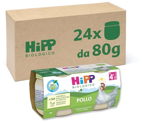 HiPP - Omogeneizzato di Carne Biologico per Neonati, Gusto Pollo, Senza glutine, Senza Sali e Aromi Aggiunti, Carne Bio, 24 Vasetti da 80 g
