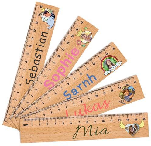 Lineal 15cm Kinder Grundschule, Maßstab lineal Holz mit Namen und Foto, Ideal Personalisiert Geschenk Schulanfang für Jungen und Mädchen mit farbenfrohem Druck