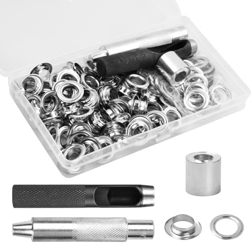 Dokeno Occhiello Strumento Kit, 100 Pezzi Occhielli per Teloni,Set Occhielli Grommet Metallici 12mm con Scatola Portaoggetti, Occhiello Strumento Kit per Abbigliamento, Borse, Tela, Tende, Scarpe