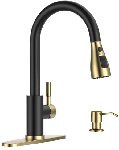 APPASO Black and Gold Kitchen Faucet, Gold Kitchen Faucet with Soap Dispenser and Pull Down Sprayer, 3 Modes, High Arc Matte Black Kitchen Sink Faucet, Kitchen Sink Faucet