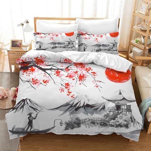 CXYXHW Kirschblüten Bettwäsche-Set,Japanische Sakura Bettbezug,Tusche Malerei Stil Mikrofaser Bettbezug Set 3 teilig für Kinder Bettbezüge Mit 2 Kissenbezug (Kirschblüten 2, 135x200cm)