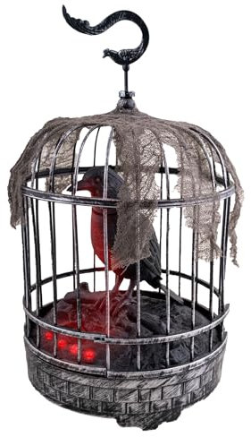 Funny Fashion Halloween Deko Rabe im Käfig Animiert | 32 cm