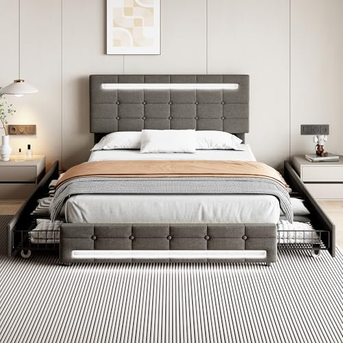 AYOROF 4ft6 Double Upholstered Bed with LED Lighting and Storage Drawers, Linen Fabric Storage Bed Frame with Adjustable Button Tufted Headboard, Easy Assembly, No Mattress, 135x190cm (Gray)