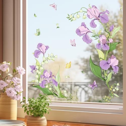 Tanlaby Fensterbilder Blumen Lila Iris Fensteraufkleber Sommer Frühling Fensterbilder Anti-Kollision Fenstersticker Glastüren Fensterdeko Aufkleber Wohnzimmer Küche Büro