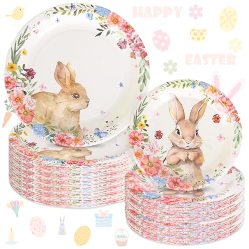 FYSUIMU 40Pcs Easter Paper Plates Bunny Floral Disposable Plates 9 Inch & 7 Inch Rabbit Flower Dinner Plates for Spring Baby Shower Birthday Party Supplies