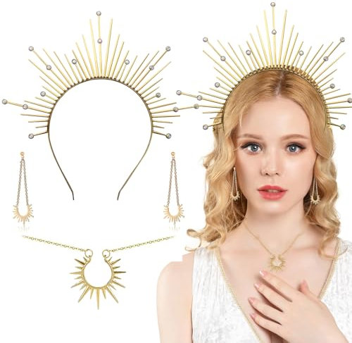 Wikrzeer Sonne Göttin Kostüm Set – Haarreif Sonne, Halskette & Ohrringe – Perfekt für Damen Karnevalskostüme, Hochzeit, Cosplay & Partys – Hochwertige Göttinnen-Accessoires